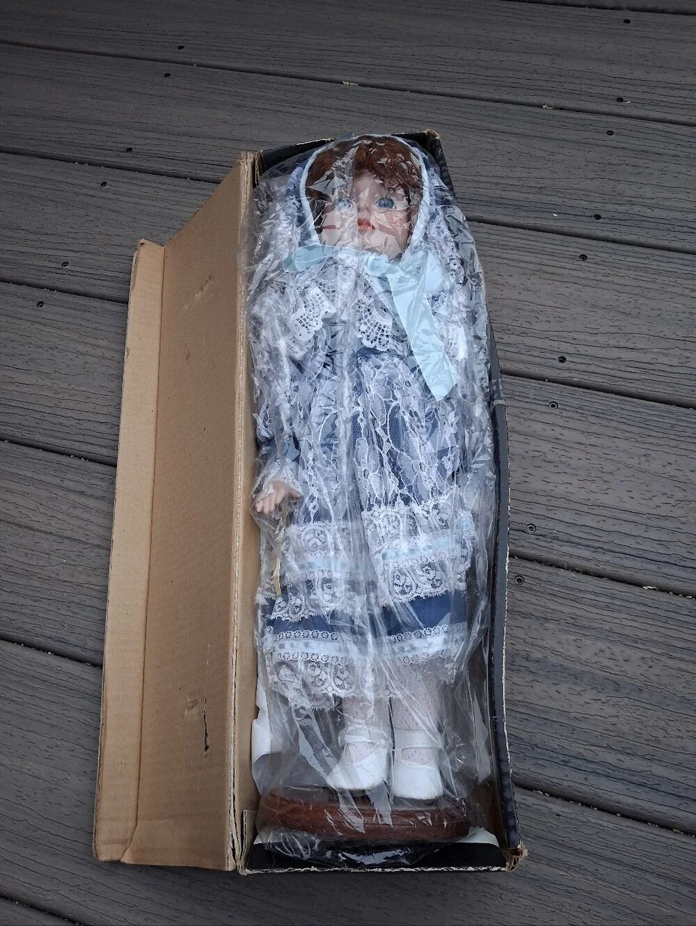 Blue Lace Porcelain Doll with Bonnet - Classic Kids Toy